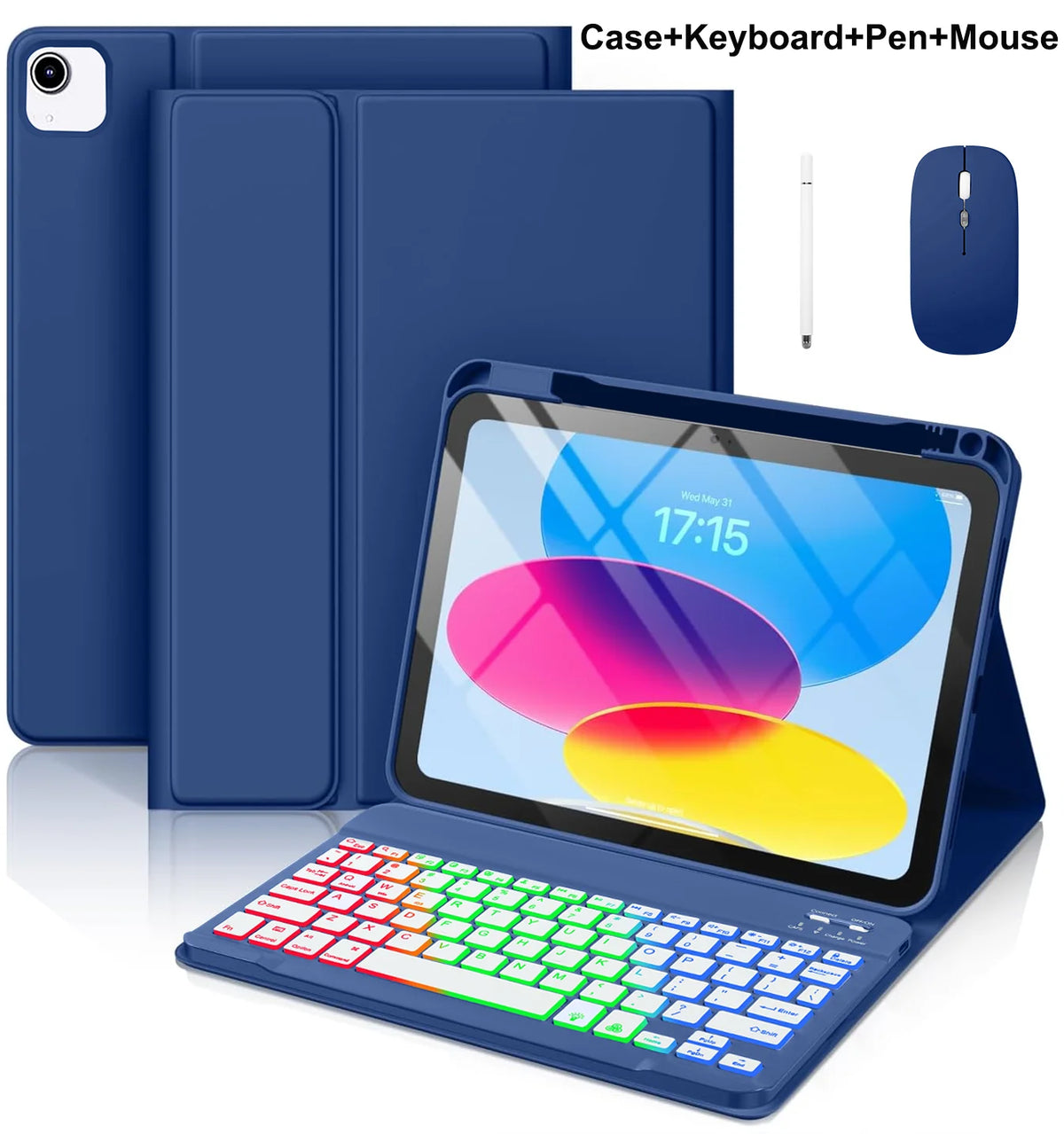 A blue multi-function case for an iPad showing the tablet, keyboard, pen, and mouse accessories.