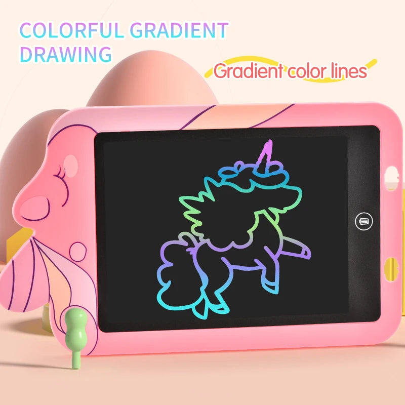 A pink LCD drawing tablet showing a colorful gradient drawing of a unicorn on the screen.