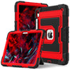 A red durable silicone protective case with a stand for an iPad is shown in various angles.