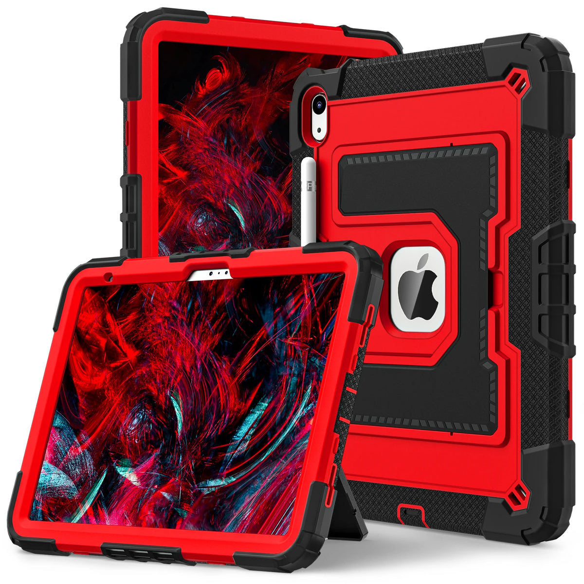A red durable silicone protective case with a stand for an iPad is shown in various angles.