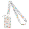 A white minimalist key lanyard featuring a repeating pattern of hopeful text and colorful rainbow stripes.