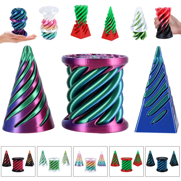A collection of spiral fidget toys in various colors and shapes including cones, cylinders, and other designs.