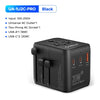 Black universal travel adapter with USB-A and USB-C ports for fast charging
