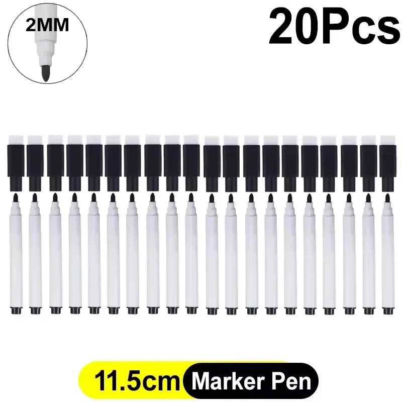 A set of 20 felt eraser dry erase marker pens shown in a row with a scale indicating 2mm diameter.