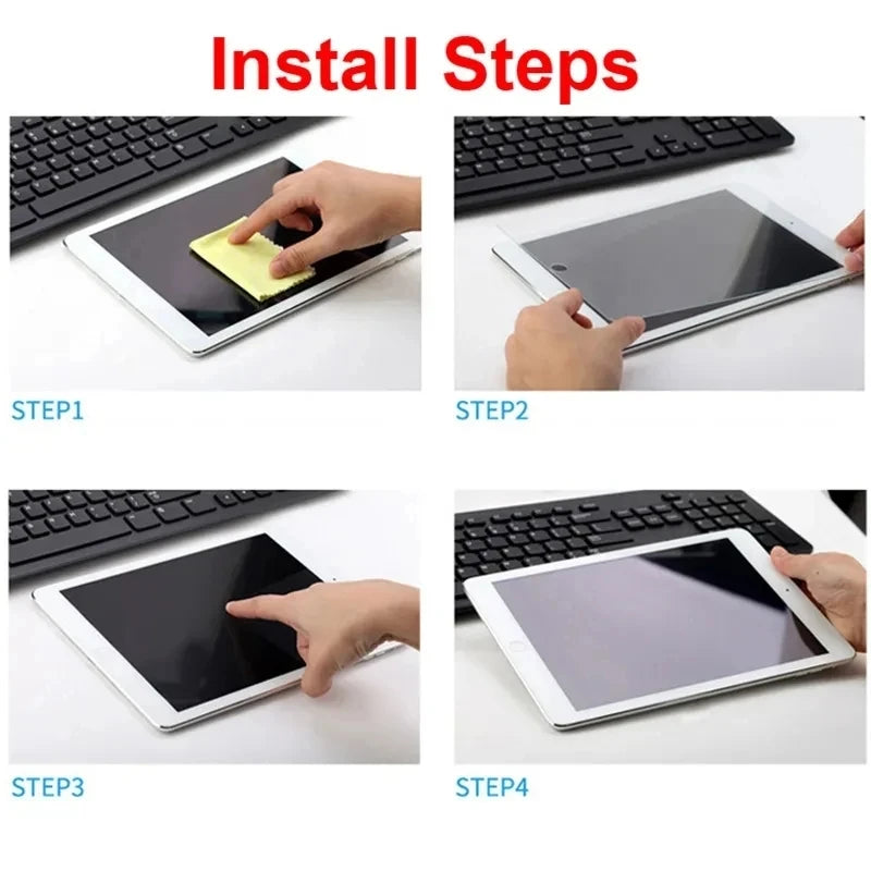 Four steps showing the installation of a tempered glass screen protector on a tablet device.