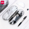 A clear plastic case containing professional drafting tools including rulers and pens on a white surface.