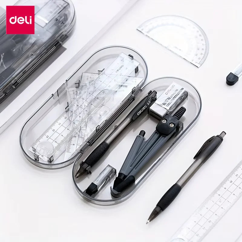 A clear plastic case containing professional drafting tools including rulers and pens on a white surface.