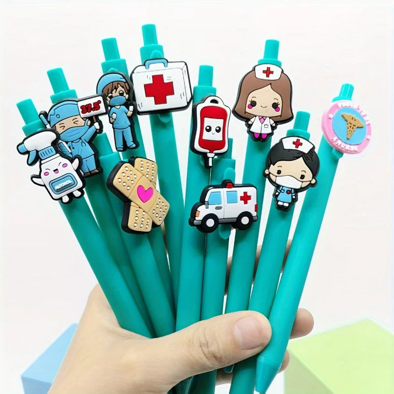 A hand holds a pack of six medical theme ballpoint pens featuring various doctor and nurse characters.
