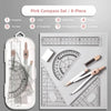 Pink compass set with 8 pieces including ruler, eraser, and lead cores for precision measuring