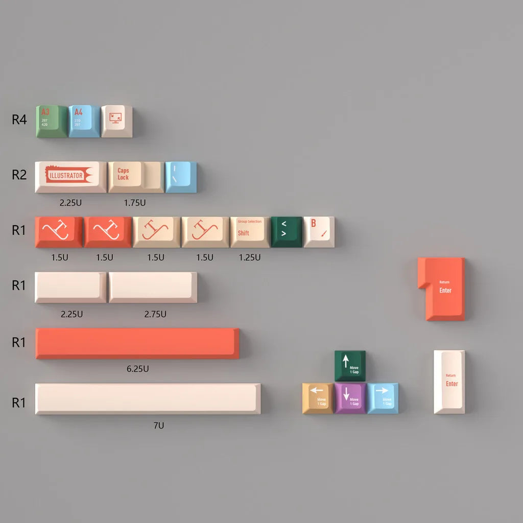 A collection of retro AI Illustrator PBT keycaps in various colors and profiles, including R4, R2, and R1 sets.