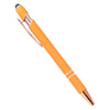 An orange retractable stylus and ballpoint pen with a gold-colored clip.