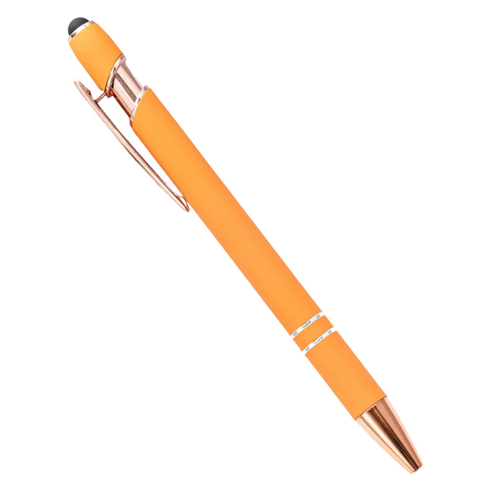An orange retractable stylus and ballpoint pen with a gold-colored clip.