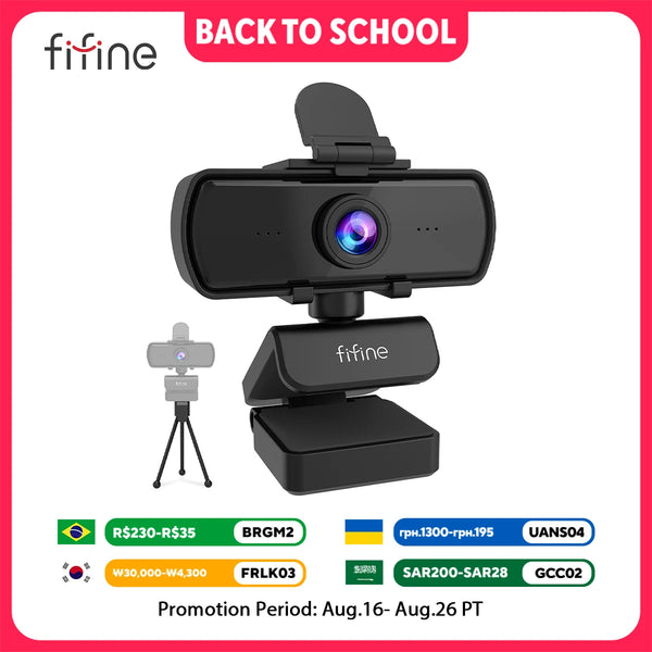 Black fifine 1440p HD webcam with built-in microphone shown on a stand.