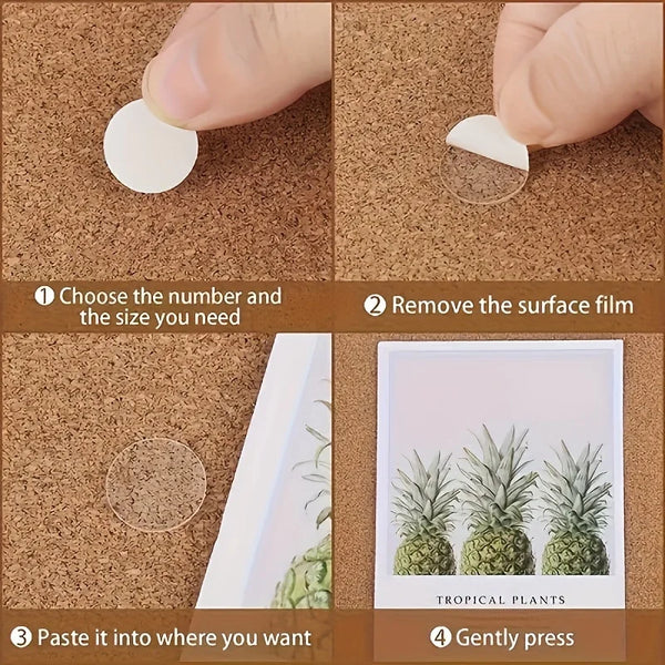 Instructions for using removable double-sided adhesive dots to attach tropical plant designs.