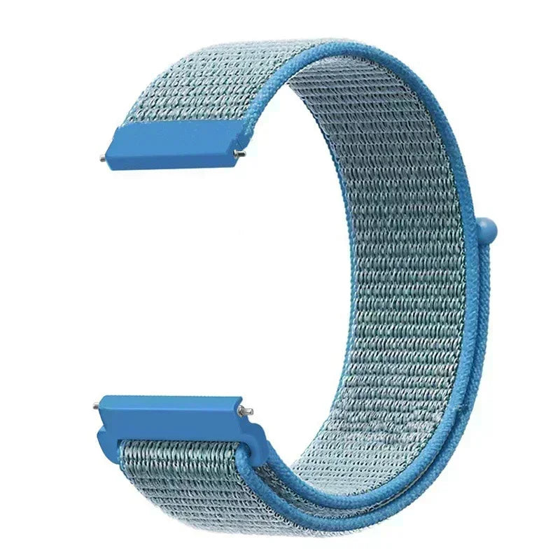A light blue nylon loop watch strap for a kid's watch, shown from the side.