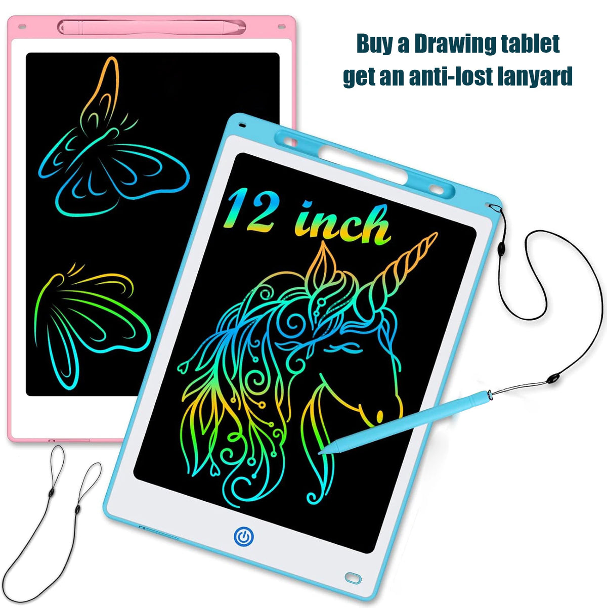 Zeichen-Tablet mit Stift und Anti-Verlust-Lanyard, featuring farbenfrohe Illustrationen eines Schmetterlings und Einhorns.