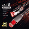 A close-up view of a Cat8 Pro-Grade Ethernet cable with a metallic connector and red insulation against a dark background.