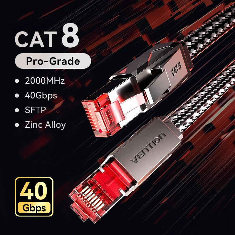 A close-up view of a Cat8 Pro-Grade Ethernet cable with a metallic connector and red insulation against a dark background.