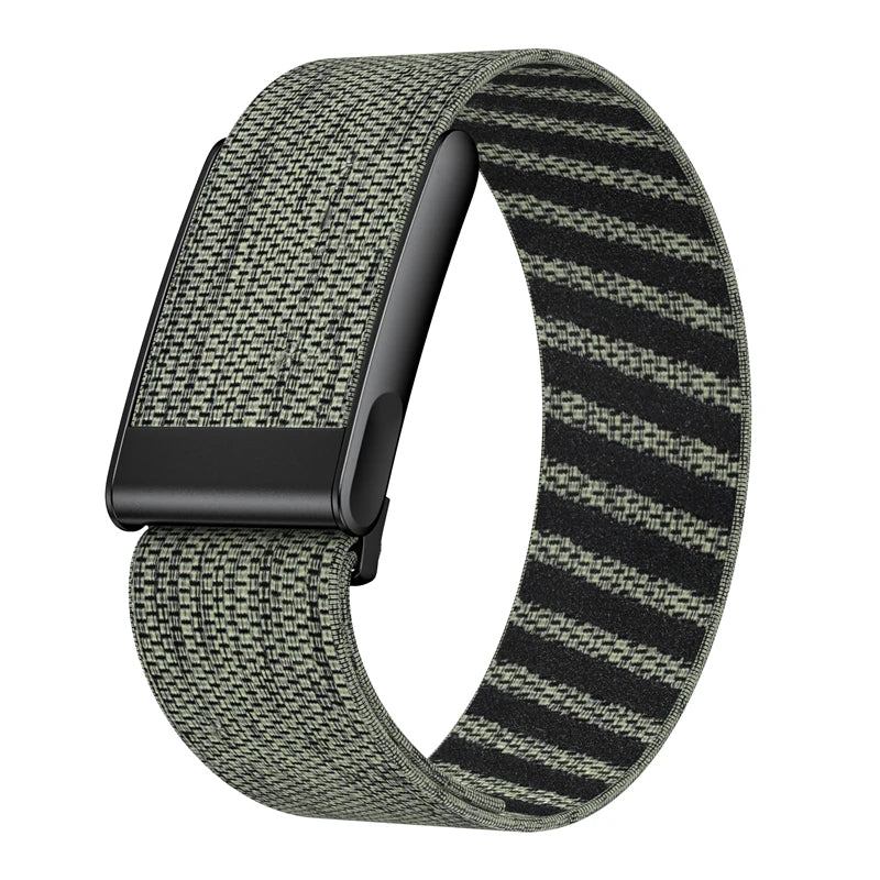 A close-up of a black nylon braided strap for a fitness watch, featuring a gray and black striped pattern.
