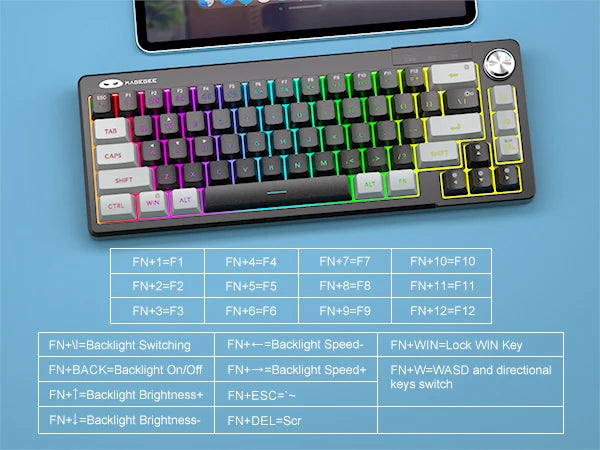A compact 68-key RGB backlit wired keyboard with various function keys and media controls.