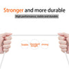 Hands hold a white cable demonstrating the strength and standard length of a product.