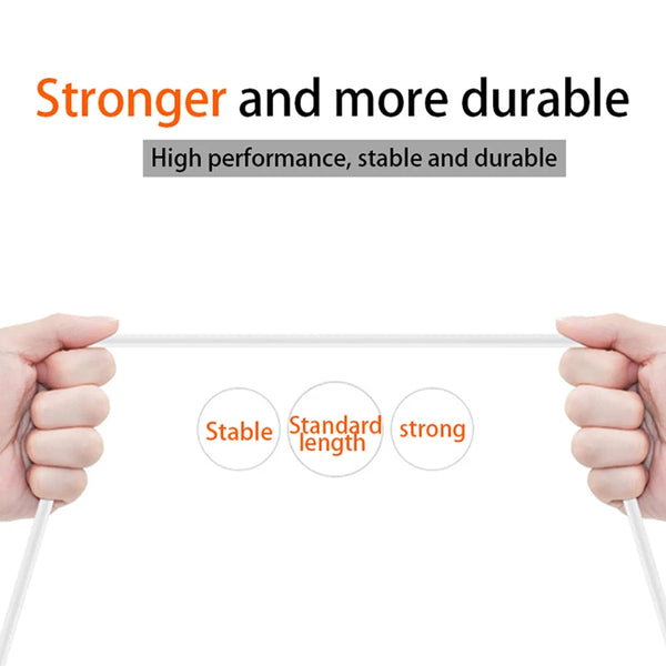 Hands hold a white cable demonstrating the strength and standard length of a product.