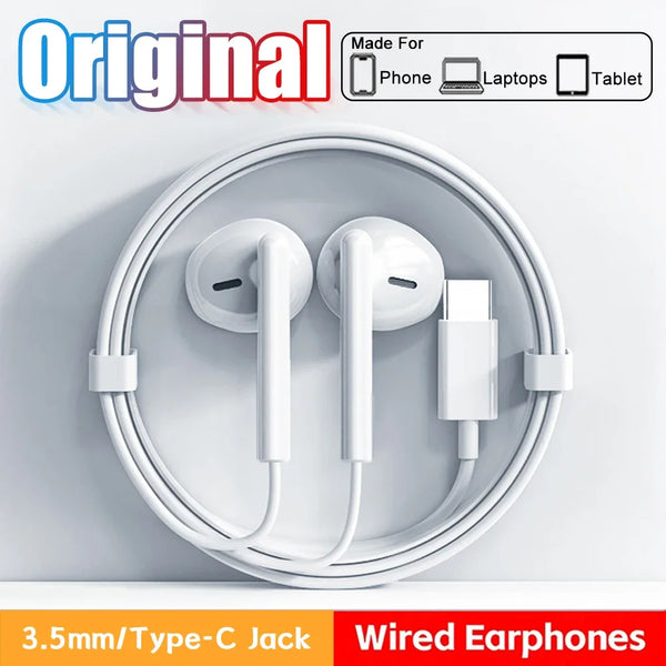 White wired earphones with Type-C jack and in-line controls shown on a white background.