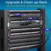 A rack-mounted network patch panel with Cat8 Ethernet cables being installed or cleaned up.