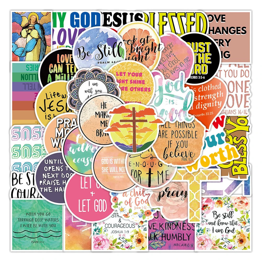 A collage of inspirational Bible verses and phrases in various fonts and colors for stickers.