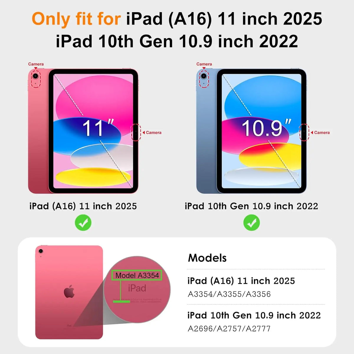Comparison of iPad (A16) 11 inch 2025 and iPad 10th Gen 10.9 inch 2022 models.