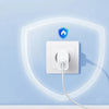 A white wall socket is shown with a power adapter plugged into it, next to an iPhone charging cable.
