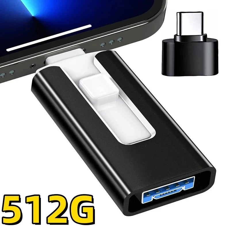 Adaptateur clé USB noir avec connecteur blanc à côté d'un smartphone et d'une clé USB séparée.