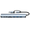 Silver multi-port USB-C hub adapter with audio jack and black cable