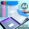 A stack of colorful A4 loose-leaf file bags with binding rings and a blue folder are shown.