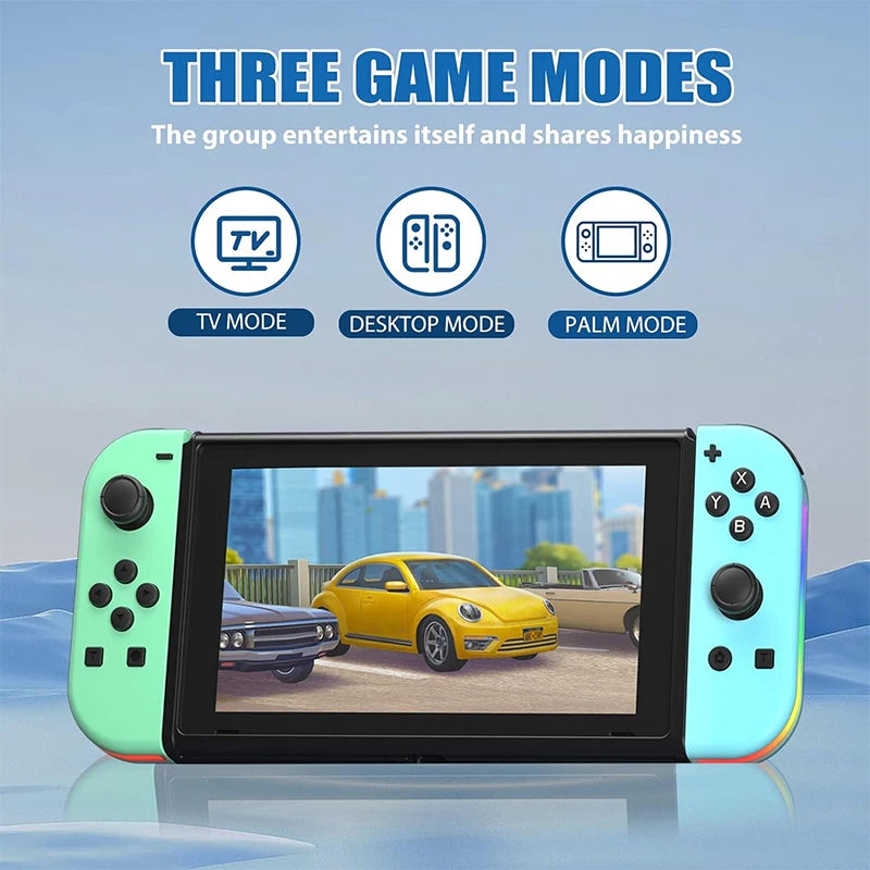 A green tablet displaying a car scene, with icons for TV Mode, Desktop Mode, and Palm Mode visible.