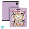 A pink silicone book cover featuring a design of chocolate frogs and honeycomb patterns.