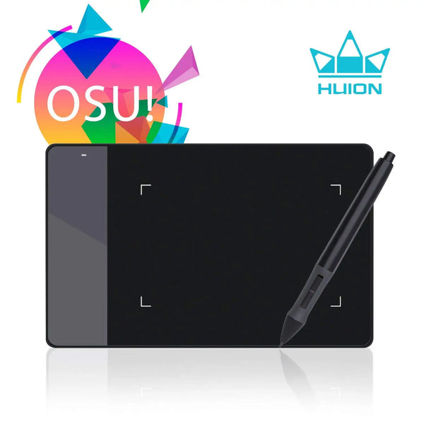 A black professional graphic digital drawing tablet with a stylus and a brand logo.