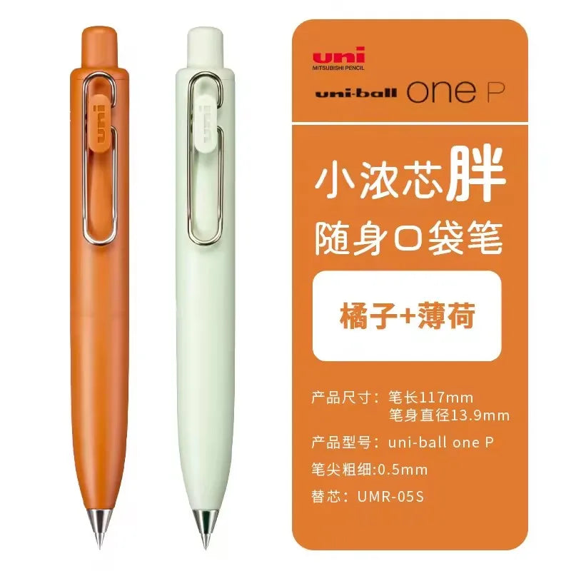 An orange and white Uni-ball One P gel pen is shown with its packaging and body details.