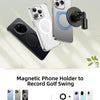 Magnetic phone holder used to record a golf swing, featuring iPhone cases and other phones with metal rings.