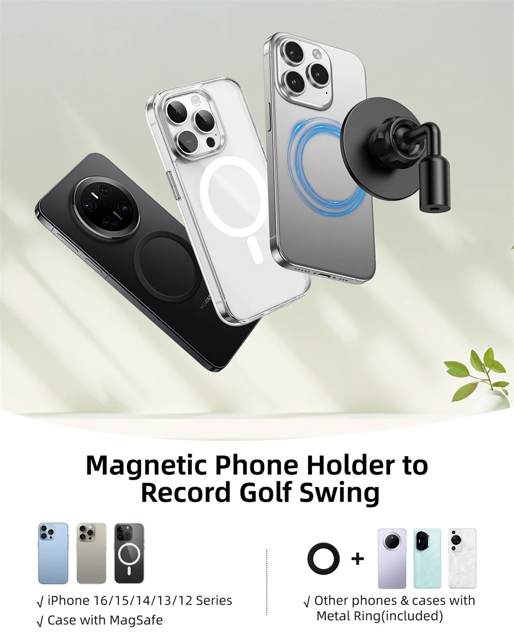 Magnetic phone holder used to record a golf swing, featuring iPhone cases and other phones with metal rings.