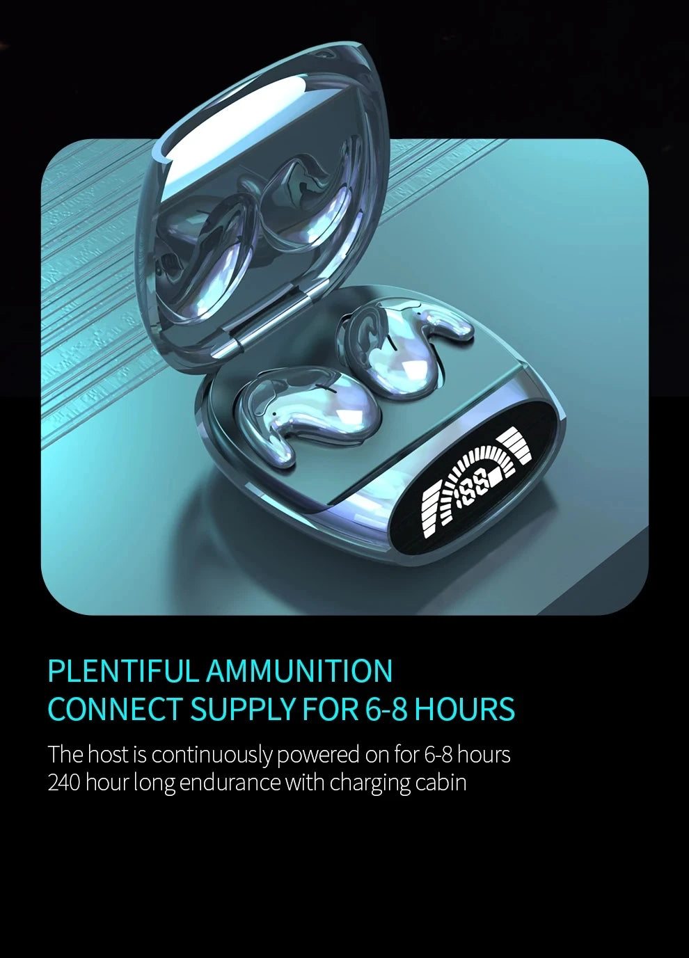 A silver wireless earbud charging case with a transparent lid showing the earbuds inside.