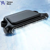 A black portable USB rechargeable car cooling fan with a grille and light emitting bright white light.