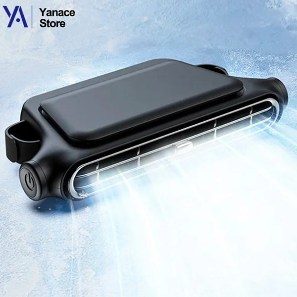 A black portable USB rechargeable car cooling fan with a grille and light emitting bright white light.