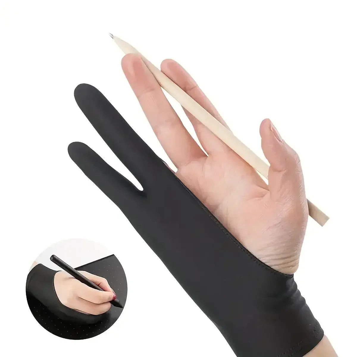 A hand wearing a black anti-smudge drawing glove holds a yellow pencil above a tablet surface.