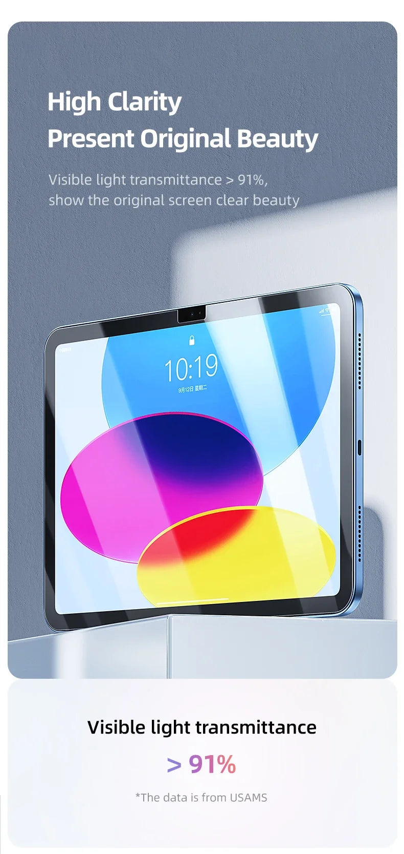 Close-up of an iPad screen displaying a vibrant blue and purple gradient, highlighting high clarity and light transmittance.