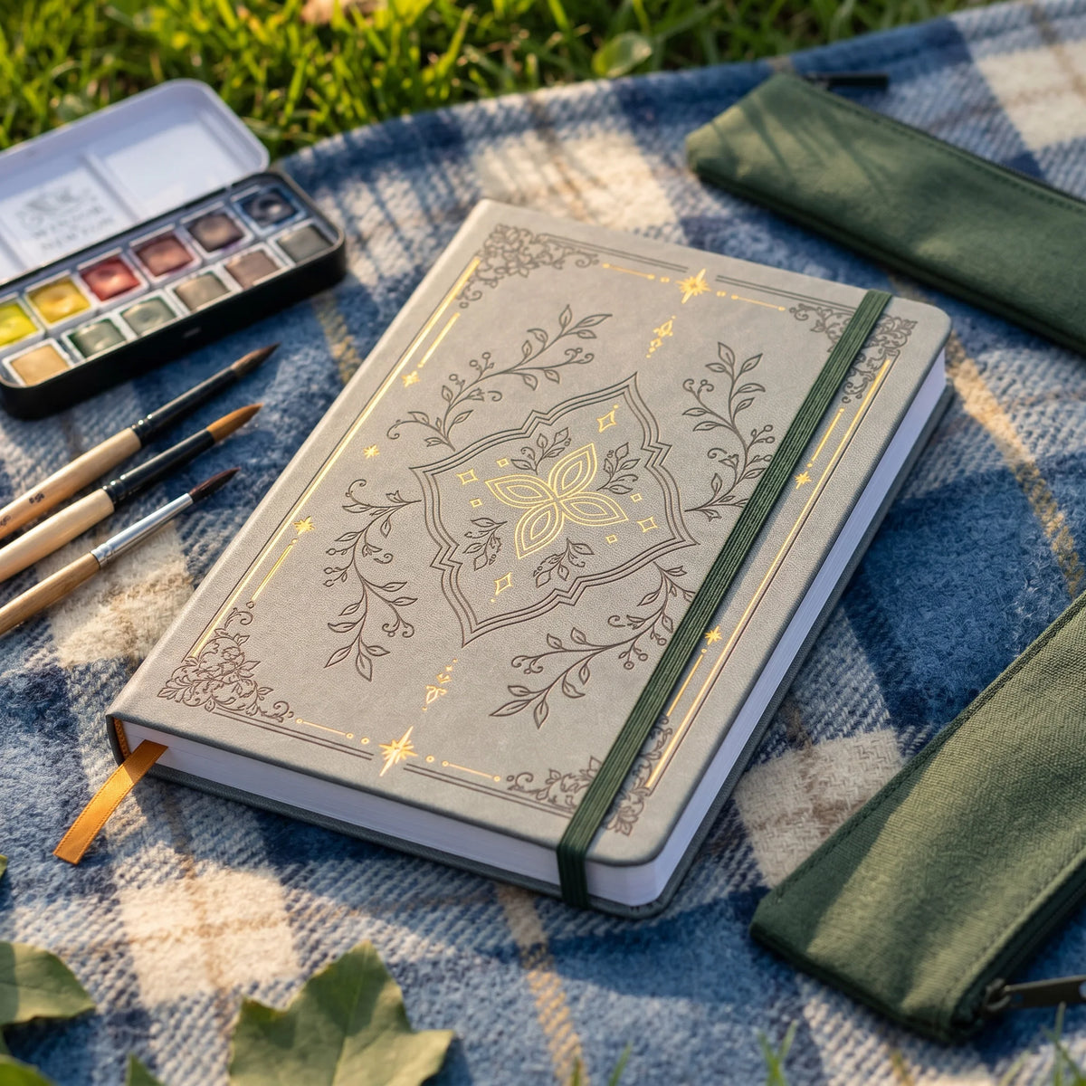 A5 dot grid notebook with a botanical design and gold foil accents resting on a blue plaid fabric.