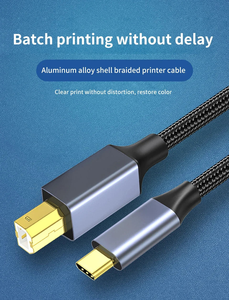 A close-up view of a silver USB-C to USB-B printer cable with a braided connector and gold plug against a blue background.