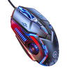 A close-up view of a wired gaming mouse with silver and red accents featuring blue RGB lighting.