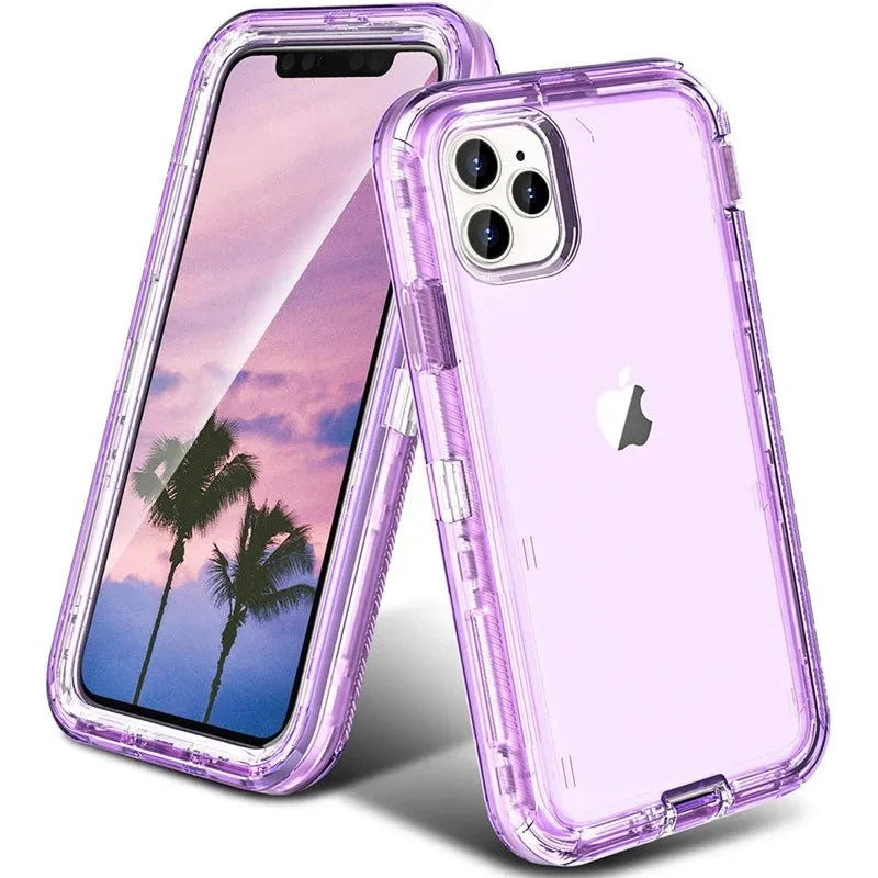 A clear shockproof case for an iPhone, featuring a light purple color and a camera module.