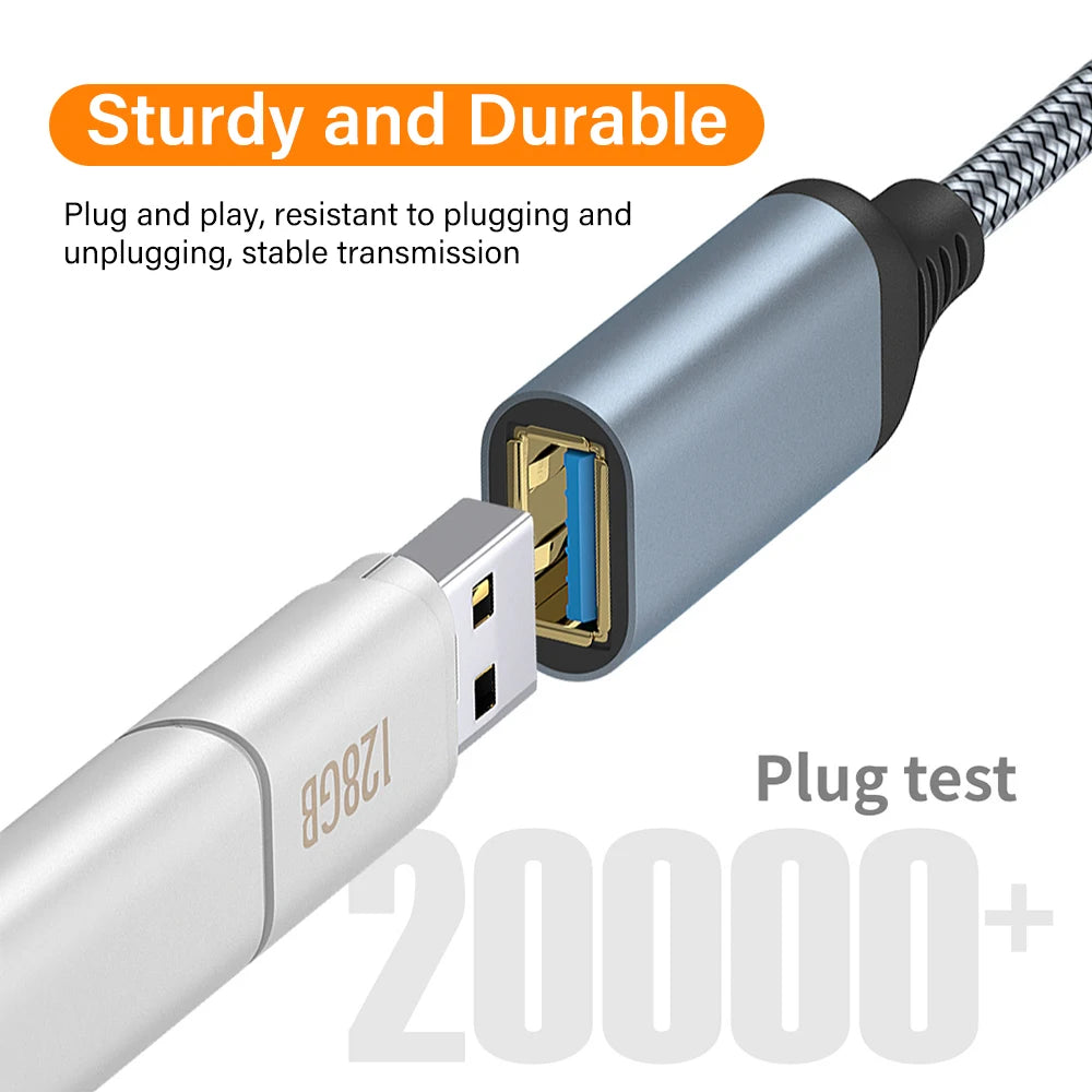 A silver nylon braided USB extension cable plug and connector for stable transmission.